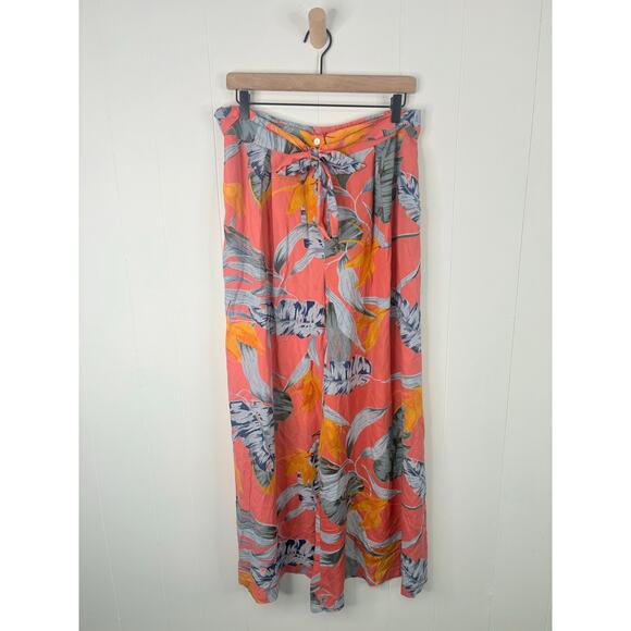 Patrons Of Peace Orange Tropical Leaf Print Wide Leg Pants Large Belted Waist - Picture 1 of 8